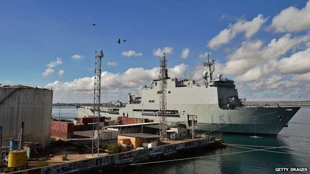 Picture taken on 6 May, 2015, at the French military base in Djibouti, showing the Spanish warship La Galicia