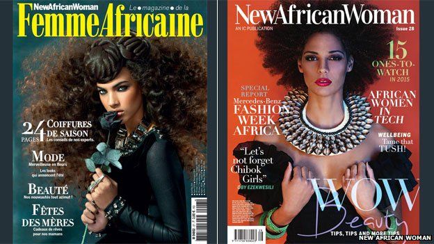 Front cover of pan-African magazine Femme Africaine next to its English language counterpart new African Woman