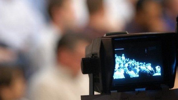 Studio audience seen in the viewing monitor (viewfinder) of a digital television camera during a recording