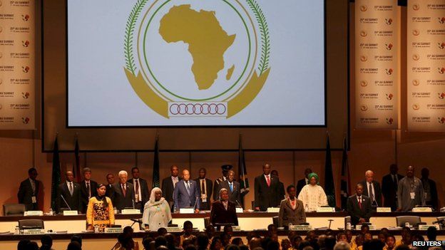 Leaders of the AU stand during the opening of the 25th African Union summit in Johannesburg
