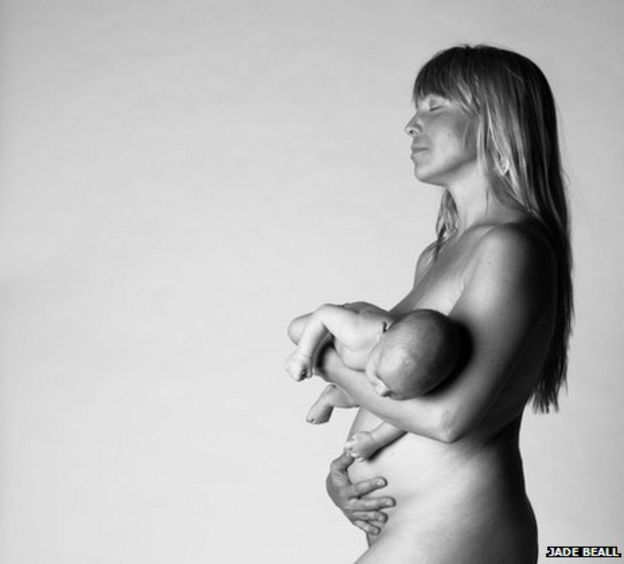 Jade Beall photograph of herself and her young son five weeks after giving birth