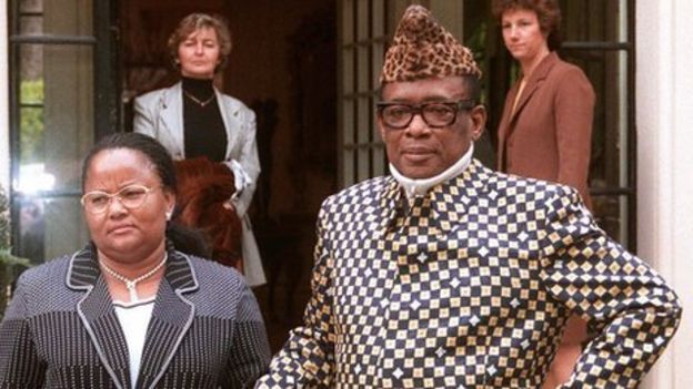 Mobutu Sese Seko (R) standing with wife in front of his villa in the southeastern French town of Roquebrune-Cap-Martin on 1 January 1997