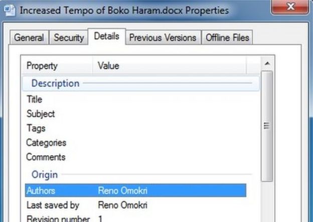 A screen showing the properties of the Word document, where "Reno Omokri", is named as it's author