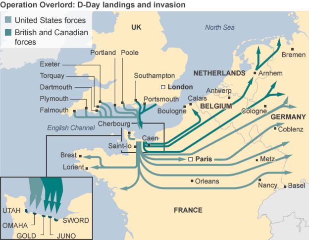 Operation Overload map showing routes of US and UK troops