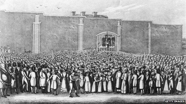 English murderer William Corder (1803 - 1828), is executed at the gallows in Bury St. Edmunds, Suffolk, 11th August 1828