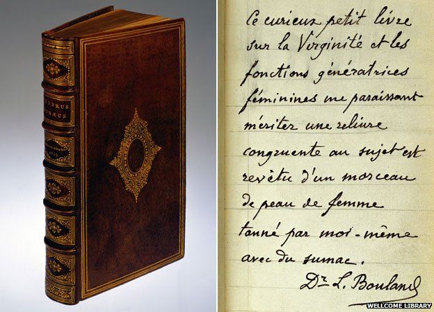 A 16th century text on virginity that was rebound in human skin in the 19th century, with a close up of a page of French writing