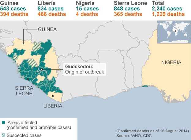 Ebola Crisis Doctors In Liberia Recovering After Taking ZMapp BBC News    77033956 Ebola Deaths 624 Map Detail 19082014 