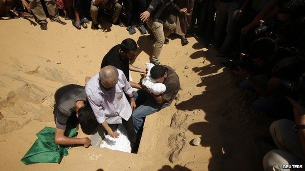 Тела жены и ребенка Мохаммеда Дейфа захоронены в Бейт-Лахии (20 августа 2014 г.)