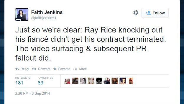 Фейт Дженкинс пишет в Твиттере об увольнении Рэя Райса из Baltimore Ravens