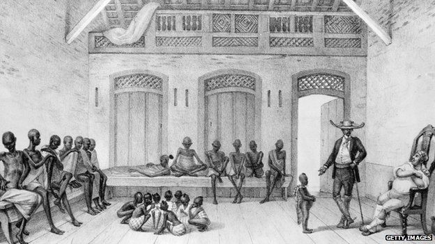 Группа рабов, истощенных после путешествия из Африки, в заведении работорговца в Бразилии, около 1825 года.