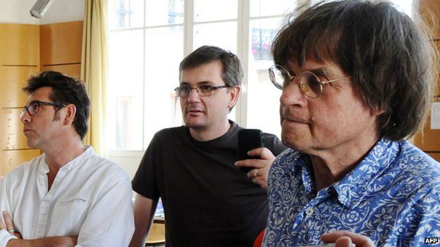 Charb (centre) with fellow cartoonists Tignous (left) and Cabu in 2011