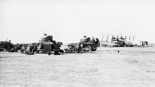 British RAF armoured cars and bomber planes on duty in Iraq during the Mesopotamia conflict