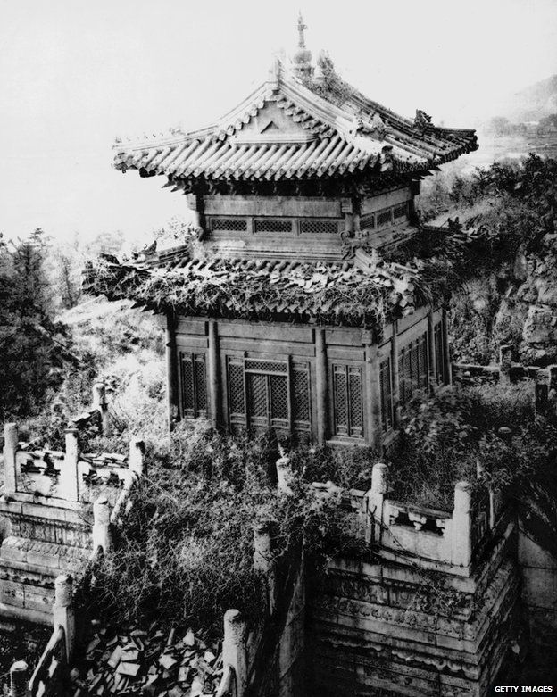 A temple in the ruins of the Old Summer Palace, Beijing, China, circa 1860.