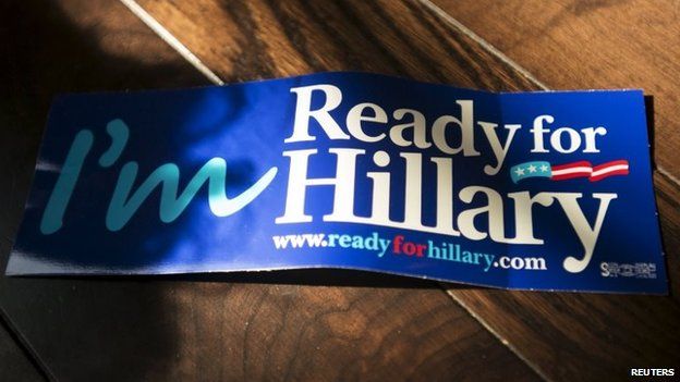 An "I'm Ready for Hillary" sticker lays on a table during the "Ready for Hillary" rally in Manhattan, New York on 11 April 2015.