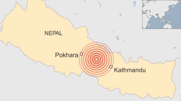 A map showing the location of an earthquake striking Nepal
