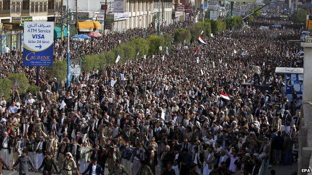 Houthi supporters flood the streets during a rally in Sanaa, Yemen on 27 April 2015