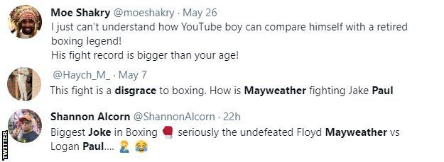 Boxing fans on Twitter criticise Floyd Mayweather v Logan Paul, with one fan calling it "the biggest joke in boxing'
