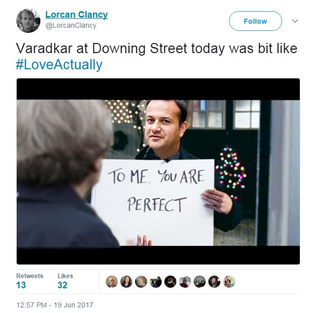 A photoshopped picture of Varadkar holding a sign to Theresa 'to me, you are perfect', from the film.
