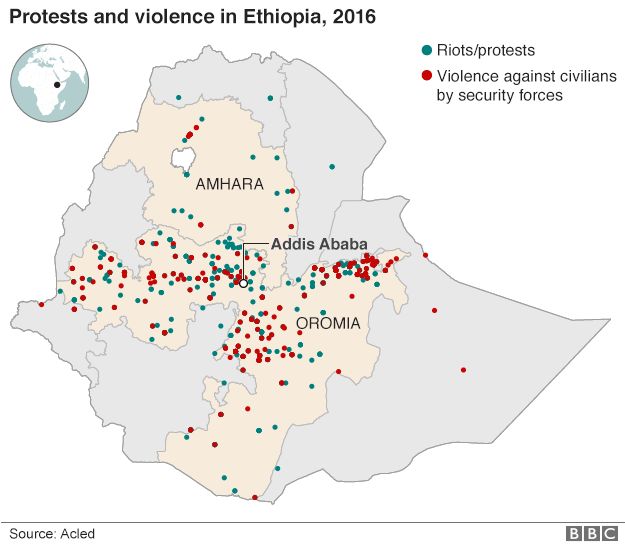 Map of protests and violence in Ethiopia in 2016