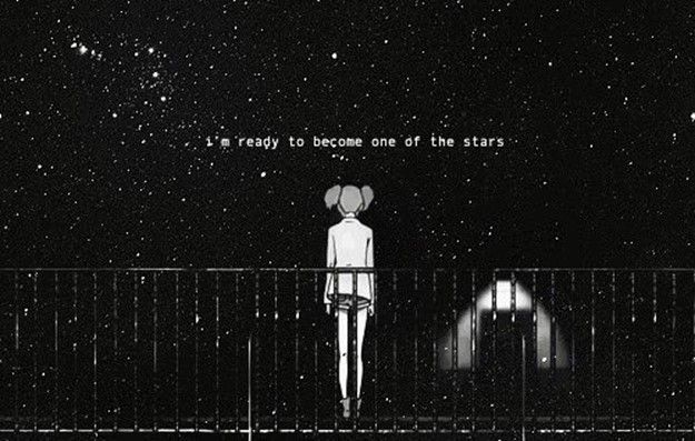 A hand-drawn black and white image of a teenage girl staring at the night sky, saying, "I'm ready to become one of the stars".