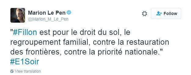 Marine Le Pen's niece tweets it like this: Fillon is for the national birth right, for family reunion, against restoration of the borders, against national priority