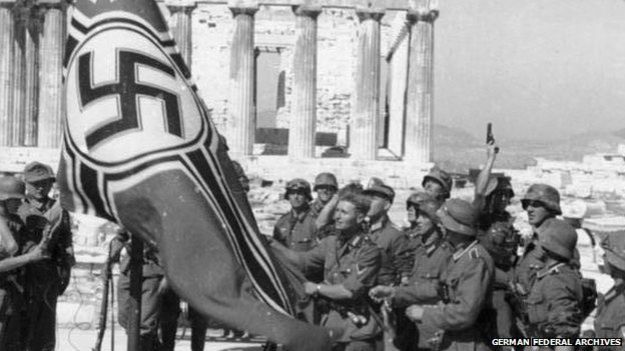German soldiers raising the German war flag over the Acropolis