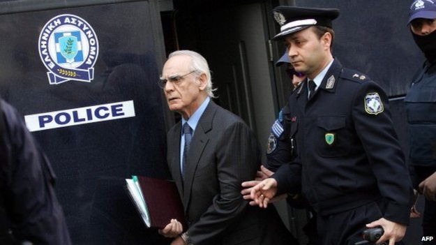 Former Greek Defence Minister Akis Tsohatzopoulos, arrives for trial in Athens (April 2013)