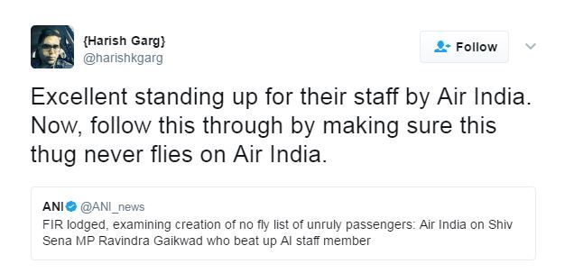 Excellent standing up for their staff by Air India. Now, follow this through by making sure this thug never flies on Air India