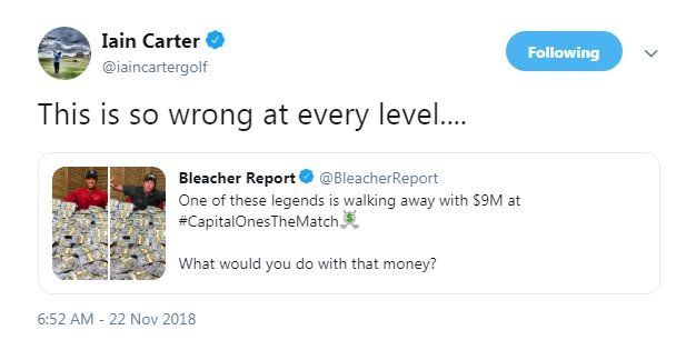 Iain Carter tweets the match between Tiger Woods and Phil Mickelson is "'wrong on every level"