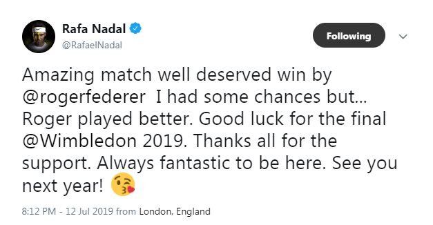 Rafael Nadal's tweet after he lost to Roger Federer at Wimbledon