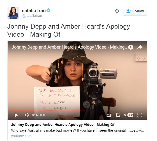 Tweet text: "Johnny Depp and Amber Heard's Apology Video - Making Of" above a video showing vlogger Natalie Tran brandishing cue cards and a gun behind the camera