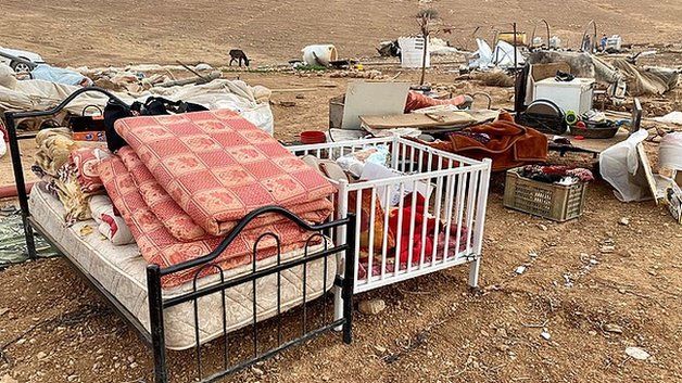 Photo published by UN Office for the Co-ordination of Humanitarian Affairs showing demolished homes in the Bedouin settlement of Khirbet Humsa, in the occupied West Bank (4 November 2020)