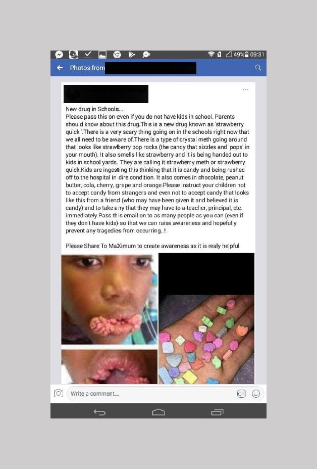 Example of a fake news story on Facebook - about drugs being shared in schools