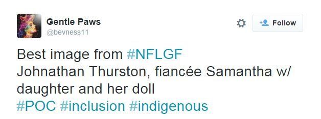 Tweet by Gentle Paws: "Best image from #NFLGF Johnathan Thurston, fiancee Samantha w/ daughter and her doll. #POC #inclusion #indigenous"