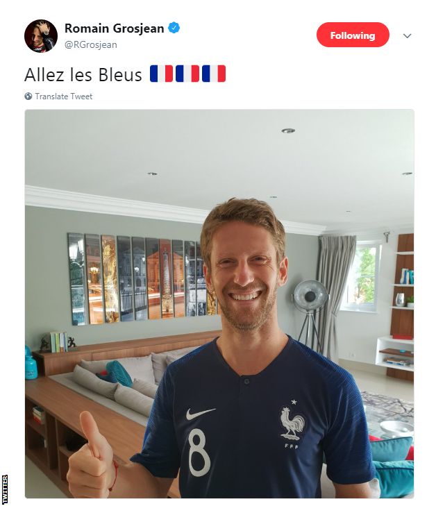 Romain Grosjean cheers on France in the World Cup final against Croatia