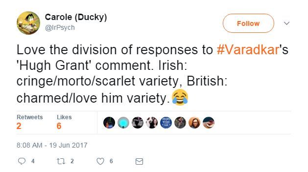 Love the division of responses to #Varadkar's 'Hugh Grant' comment. Irish: cringe/morto/scarlet variety, British: charmed/love him variety.