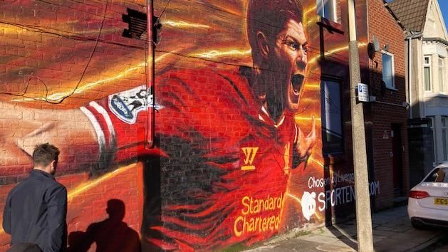 A mural of Steven Gerrard near Anfield