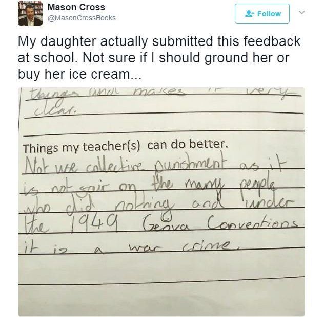 Girl, 11, accuses school of war crime in feedback form - BBC News