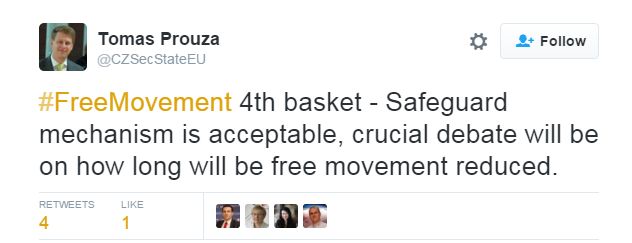 Tweet: "#FreeMovement 4th basket - Safeguard mechanism is acceptable, crucial debate will be on how long will be free movement reduced." by Tomas Prouza
