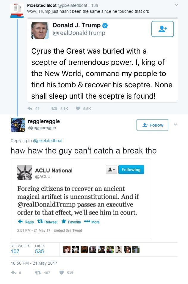A fabricated tweet by Donald Trump, posted by Pixelated Boat, is met with a fabricated response from the ACLU, posted by reggiereggie
