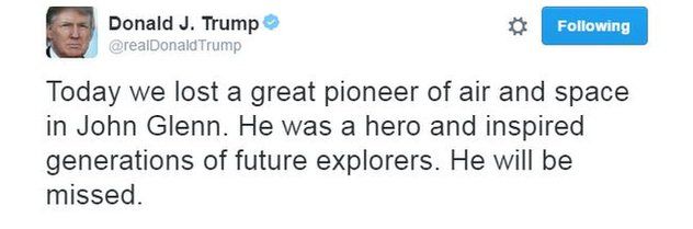 President-elect Donald Trump writes: "Today we lost a great pioneer of air and space in John Glenn."