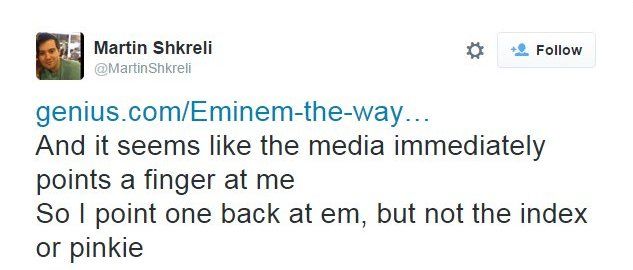 Shkreli tweets: "And it seems like the media immediately points a finger at me. So I point one back at em, but not the index or pinkie."