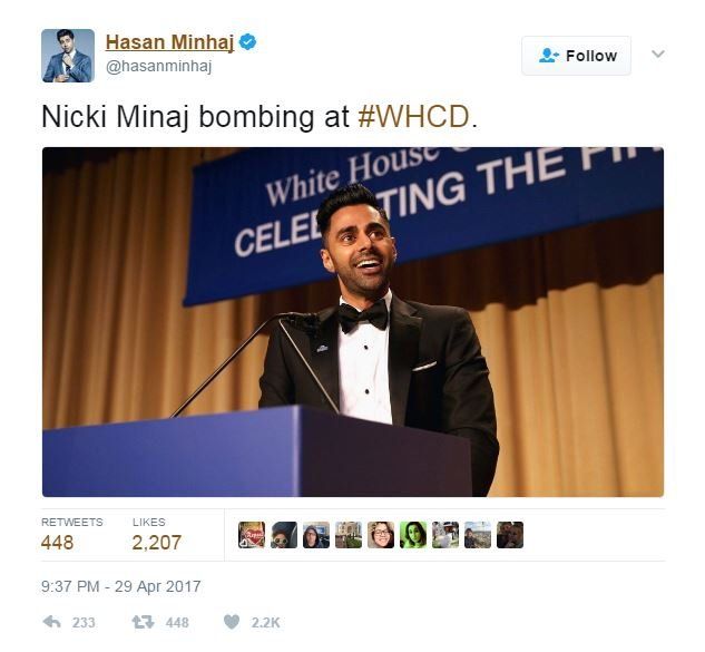 Hasan Minhaj tweeted a picture captioned, "Nicki Minaj bombing at the WHCD"