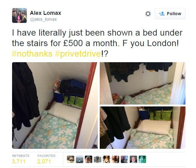 Alex Lomax's tweet saying 'I have literally just been shown a bed under the stairs for £500 a month'