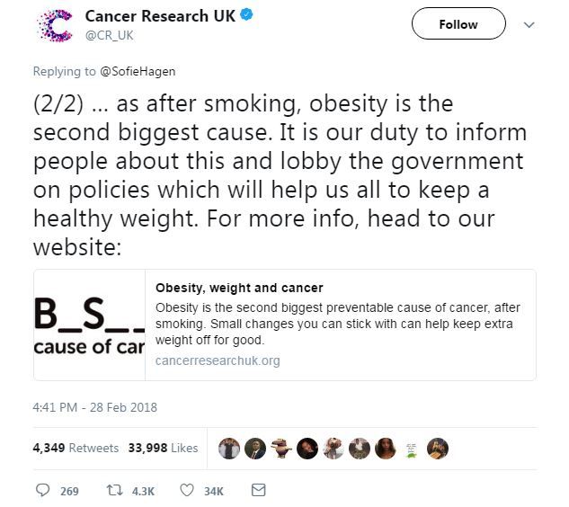 Cancer Research UK tweet