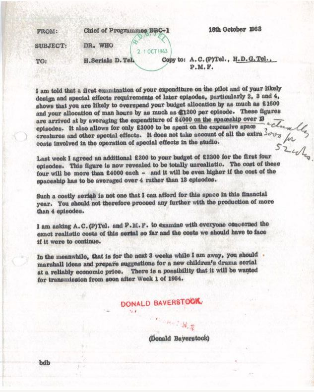 Memo from Donald Baverstock - the costs of the Tardis and effects (1963)