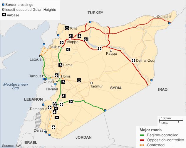 Map showing control of major roads in Syria (May 2013)