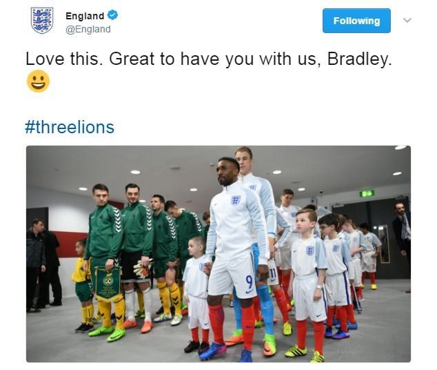 Bradley Lowery in the tunnel with the England team