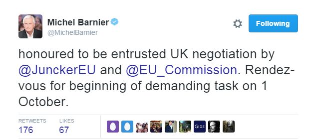 Barnier tweet saying: "Honoured o be entrusted UK negotiator by Juncker and Commission."