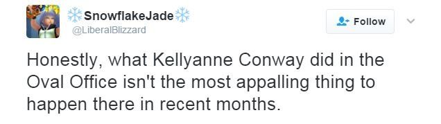 Twitter user SnowflakeJade writes: "Honestly, what Kellyanne Conway did in the Oval Office isn't the most appalling thing to happen there in recent months."